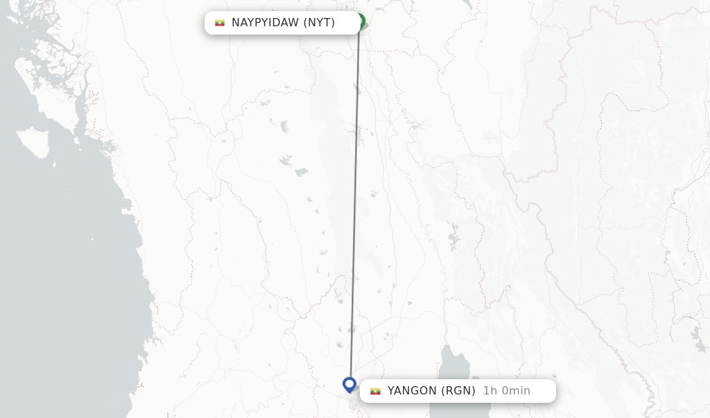 Flights from Naypyidaw to Yangon route map