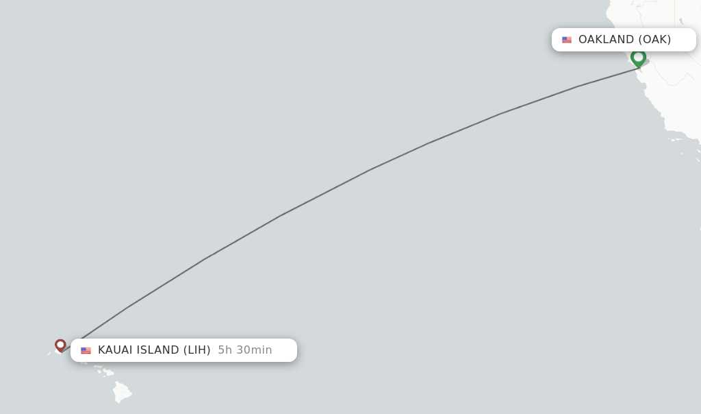 Flights from Oakland to Kauai Island route map