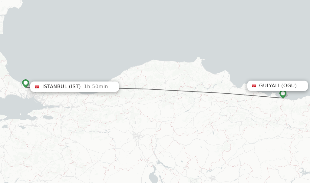 Flights from Gulyali to Istanbul route map