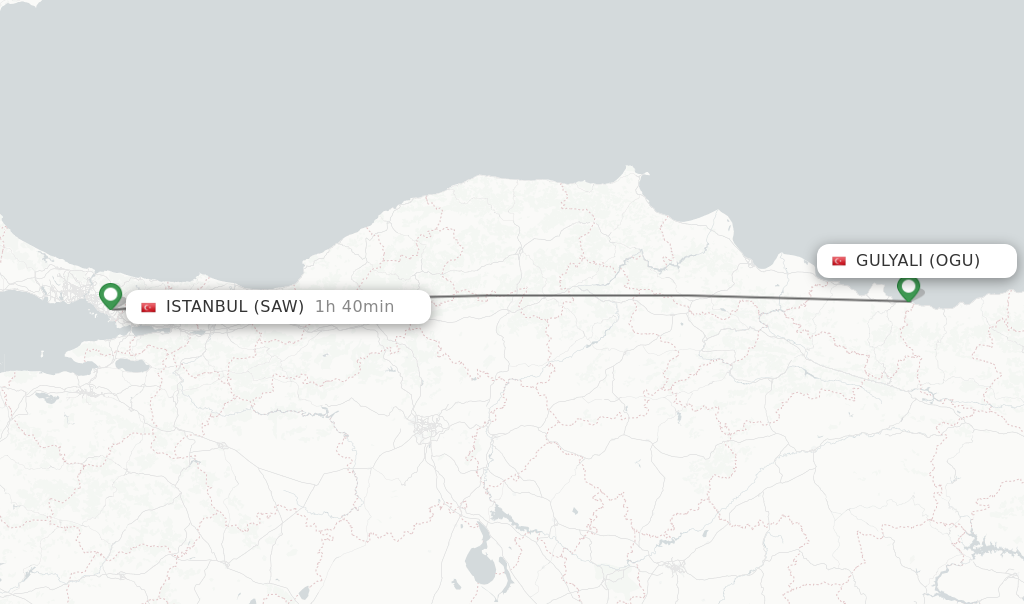 Flights from Gulyali to Istanbul route map