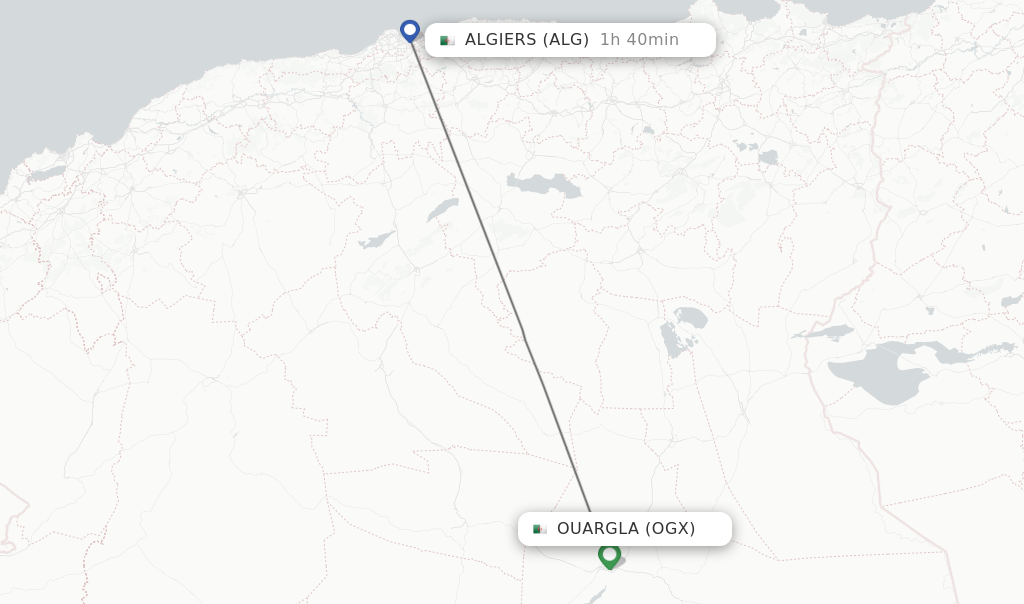 Flights from Ouargla to Algiers route map