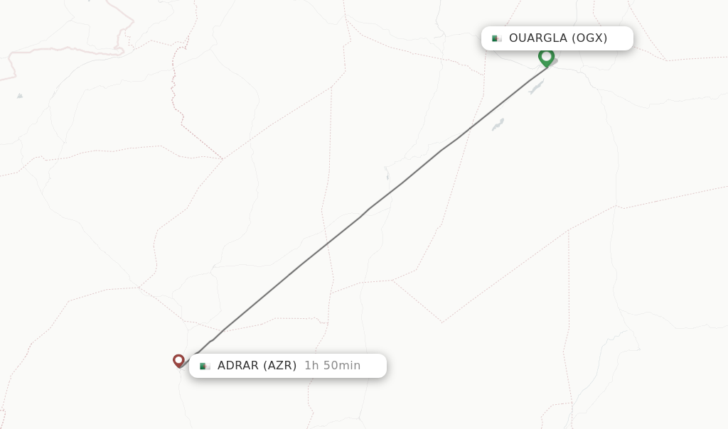 Flights from Ouargla to Adrar route map