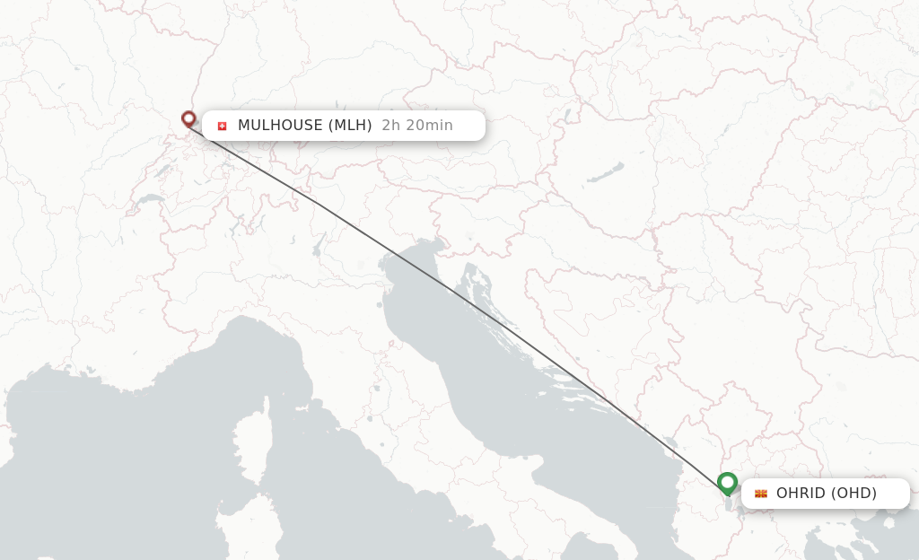 Flights from Ohrid to Mulhouse, France/Basel route map