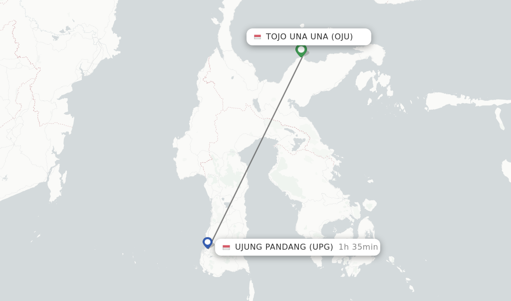 Flights from Ujung Pandang to Tojo Una Una route map