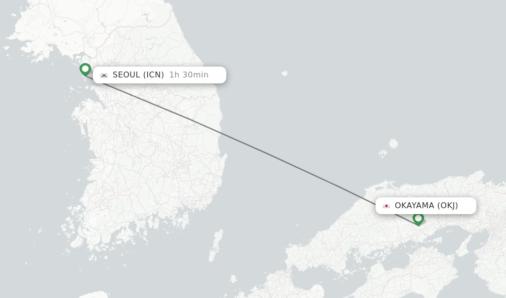Flights from Okayama to Seoul route map