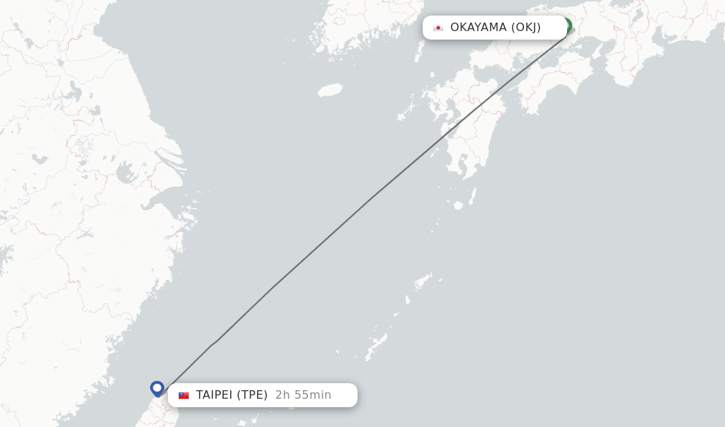 Flights from Okayama to Taipei route map
