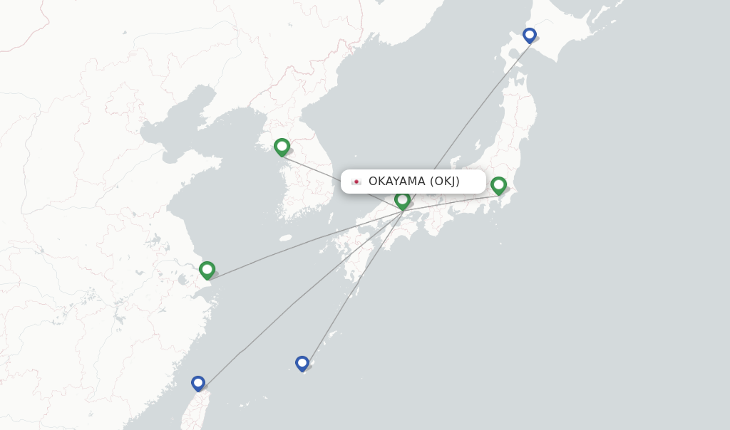 Flights from Okayama to Kaohsiung route map