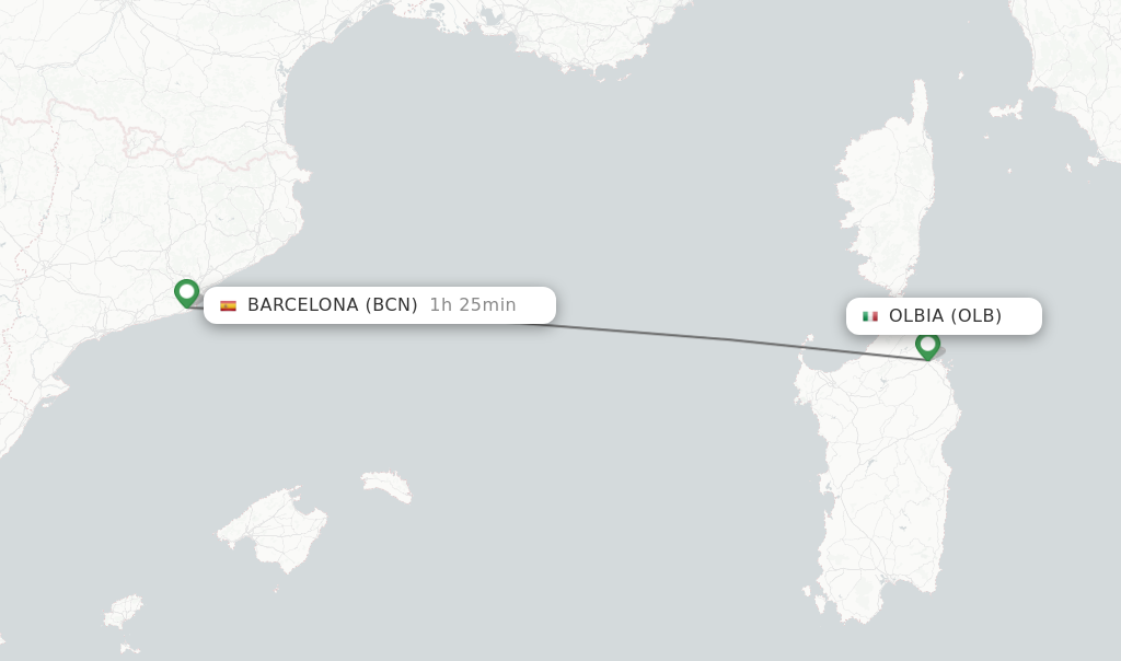 Flights from Olbia to Barcelona route map