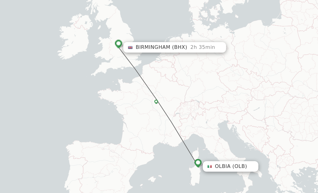 Flights from Olbia to Birmingham route map
