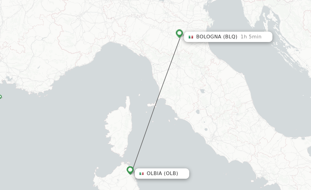 Flights from Olbia to Bologna route map