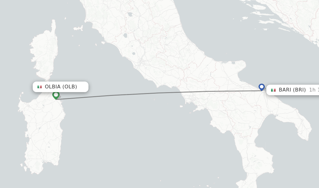 Flights from Olbia to Bari route map