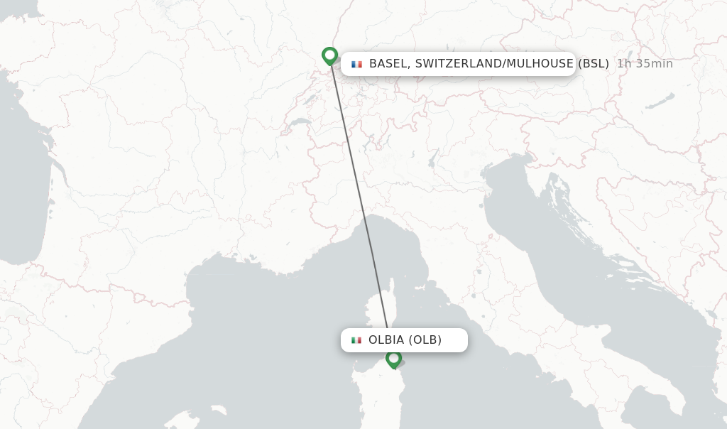 Flights from Olbia to Basel, Switzerland/Mulhouse route map