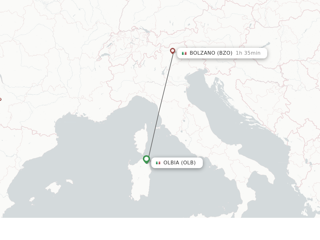 Flights from Olbia to Bolzano route map