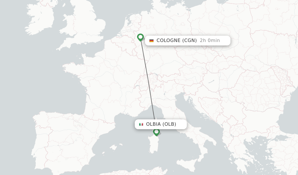Flights from Olbia to Cologne route map
