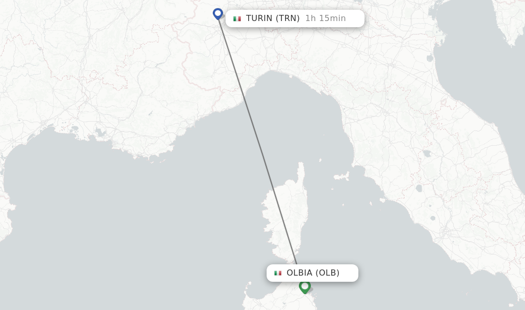 Flights from Olbia to Turin route map