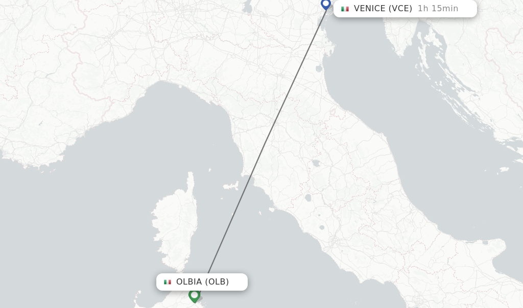 Flights from Olbia to Venice route map