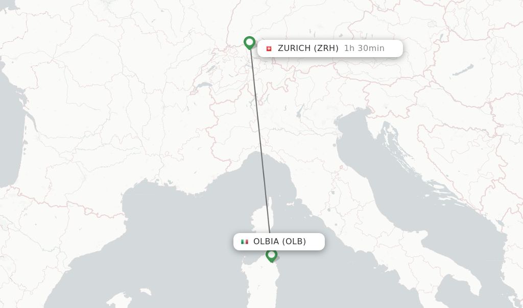 Flights from Olbia to Zurich route map