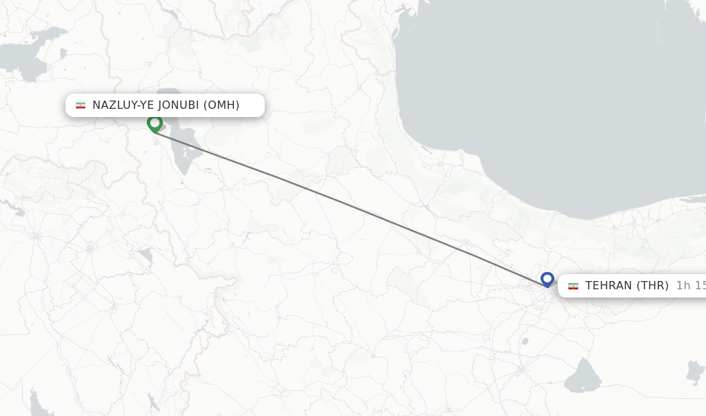 Flights from Nazluy-ye Jonubi to Tehran route map