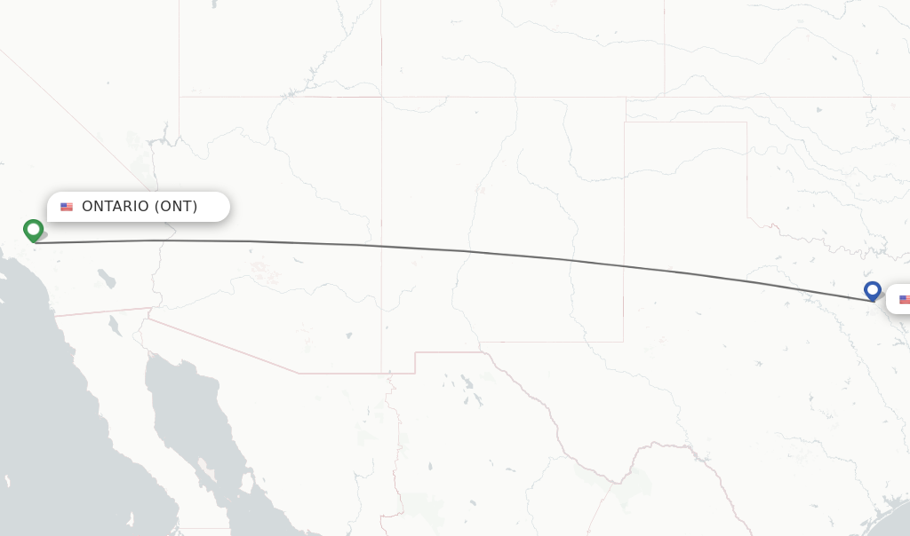 Flights from Ontario to Dallas route map