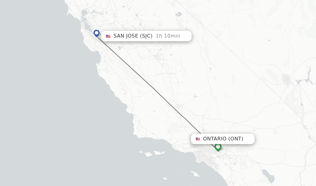Flights from Ontario to San Jose route map