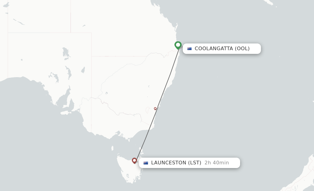 Flights from Coolangatta (Gold Coast) to Launceston route map