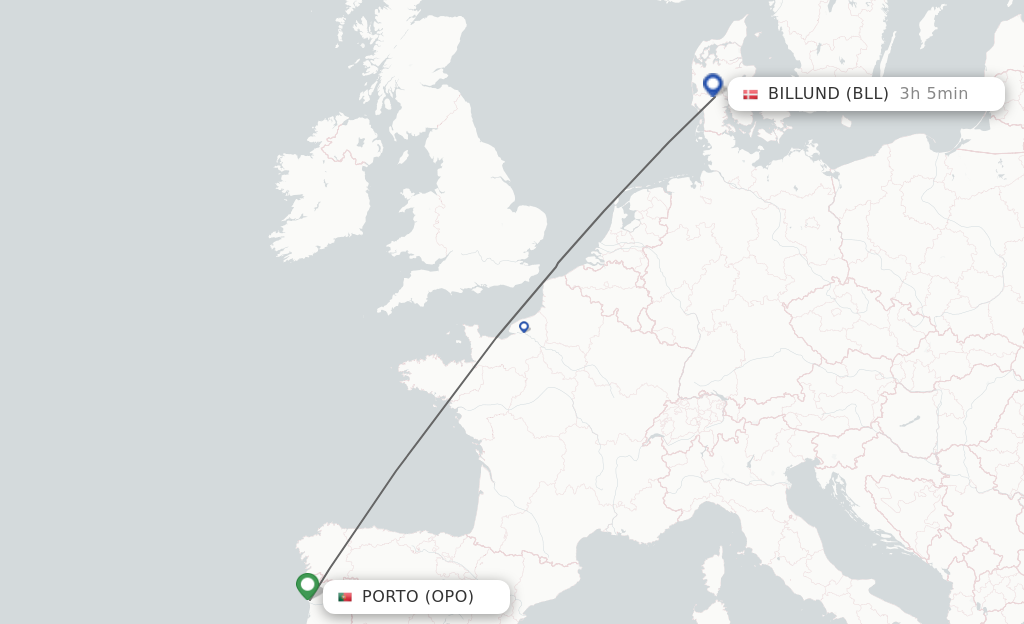 Flights from Porto to Billund route map