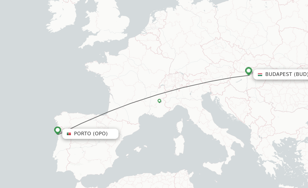 Flights from Porto to Budapest route map
