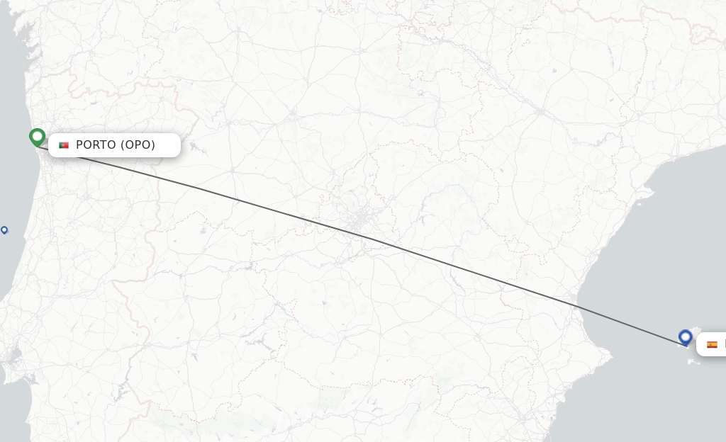 Flights from Porto to Ibiza route map