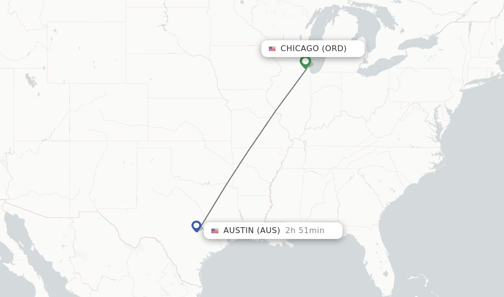 Flights from Chicago to Austin route map