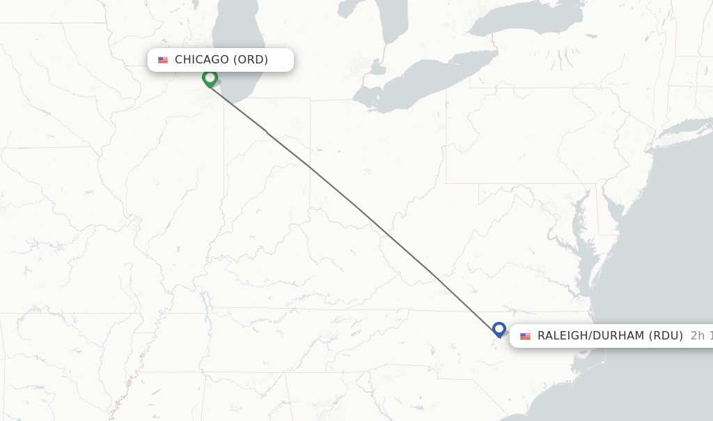 Flights from Chicago to Raleigh/Durham route map