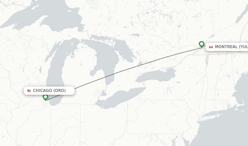 Flights from Chicago to Montreal route map