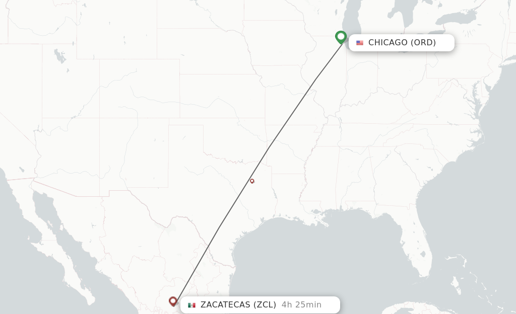 Flights from Chicago to Zacatecas route map