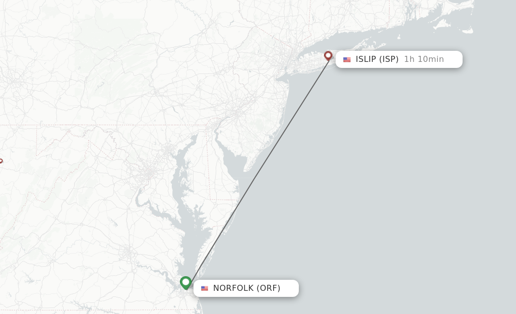 Flights from Norfolk to Islip route map
