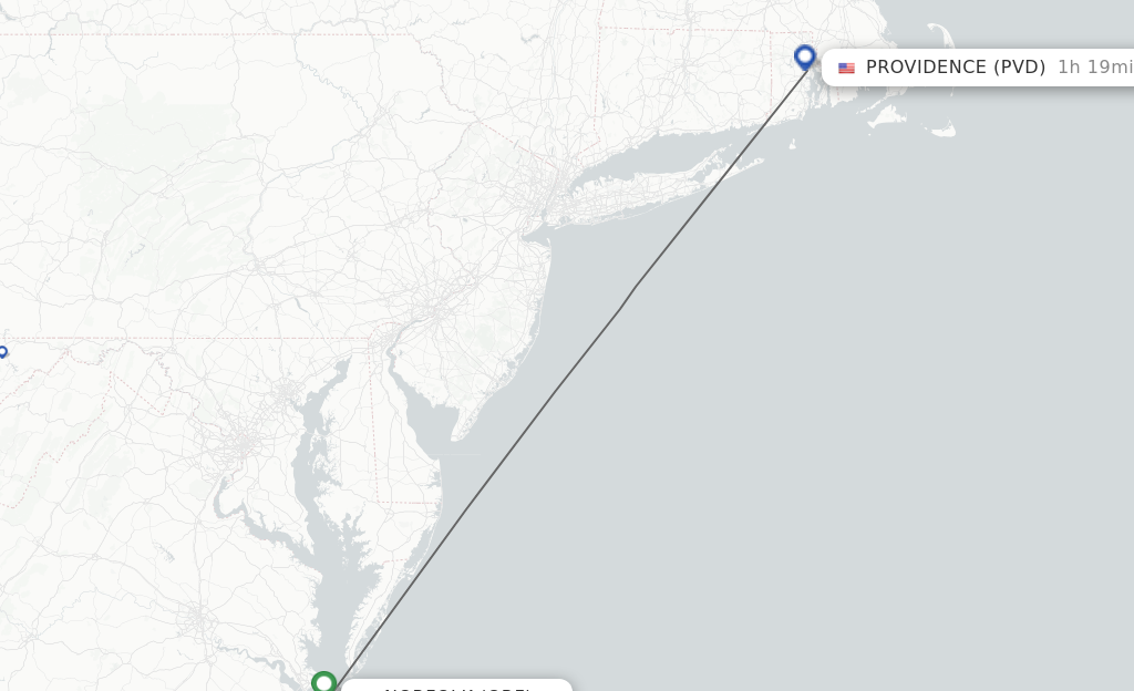 Flights from Norfolk to Providence route map