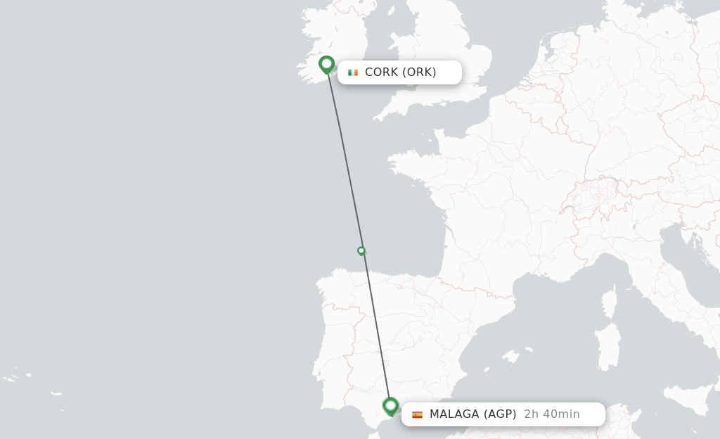 Flights from Cork to Malaga route map