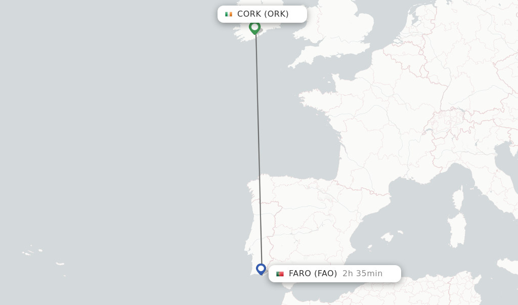 Flights from Cork to Faro route map