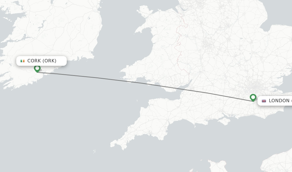 Flights from Cork to London route map