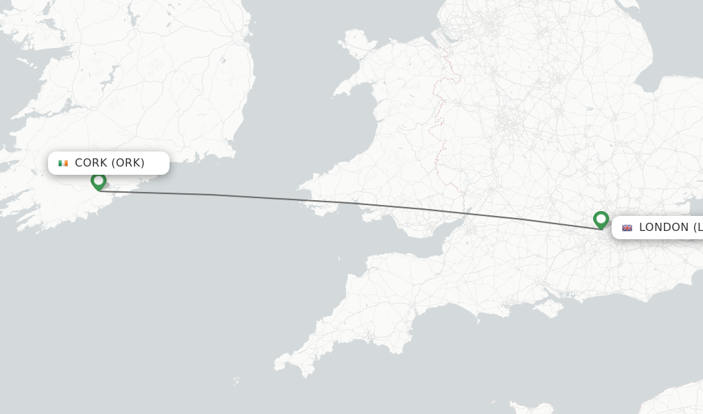 Flights from Cork to London route map