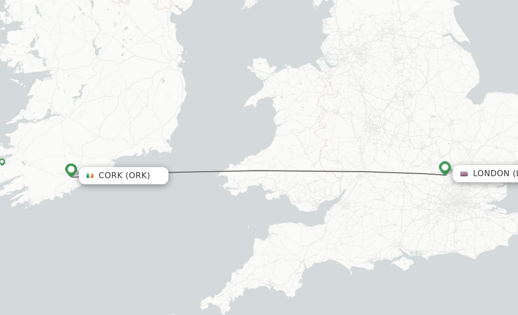 Flights from Cork to London route map