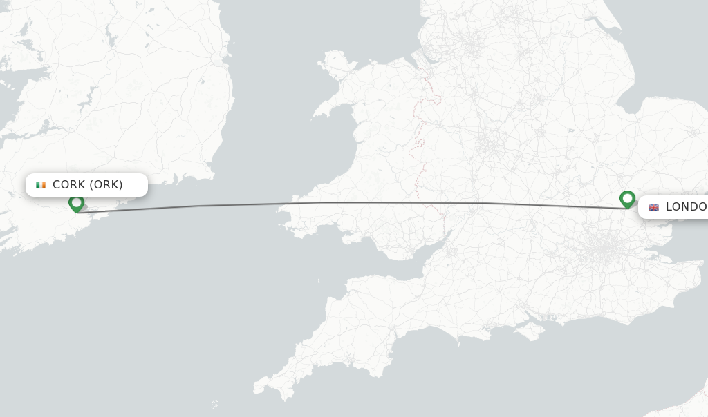 Flights from Cork to London route map