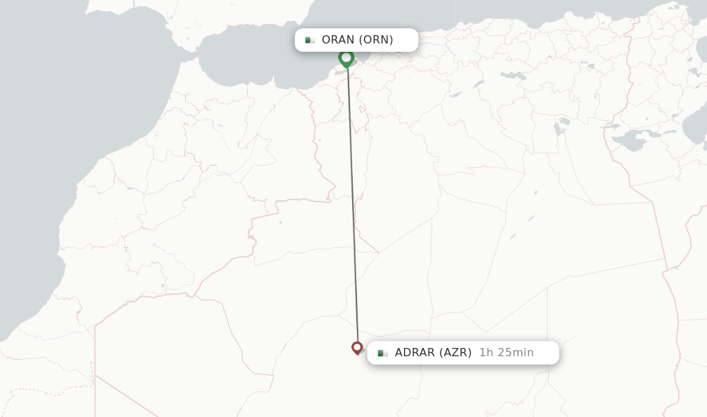 Flights from Oran to Adrar route map