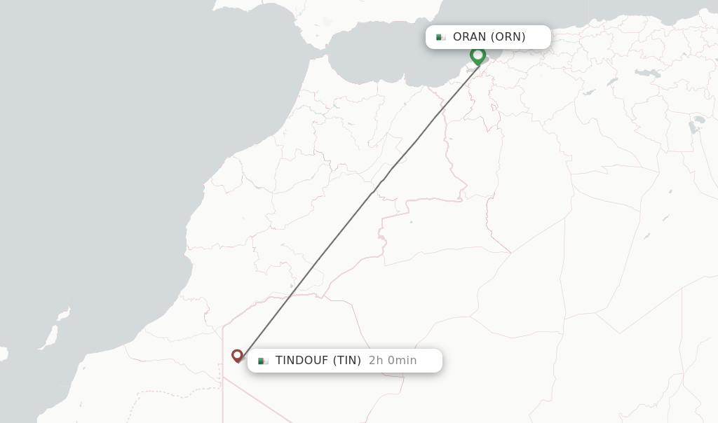 Flights from Oran to Tindouf route map