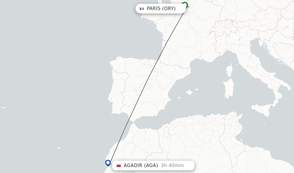 Flights from Paris to Agadir route map