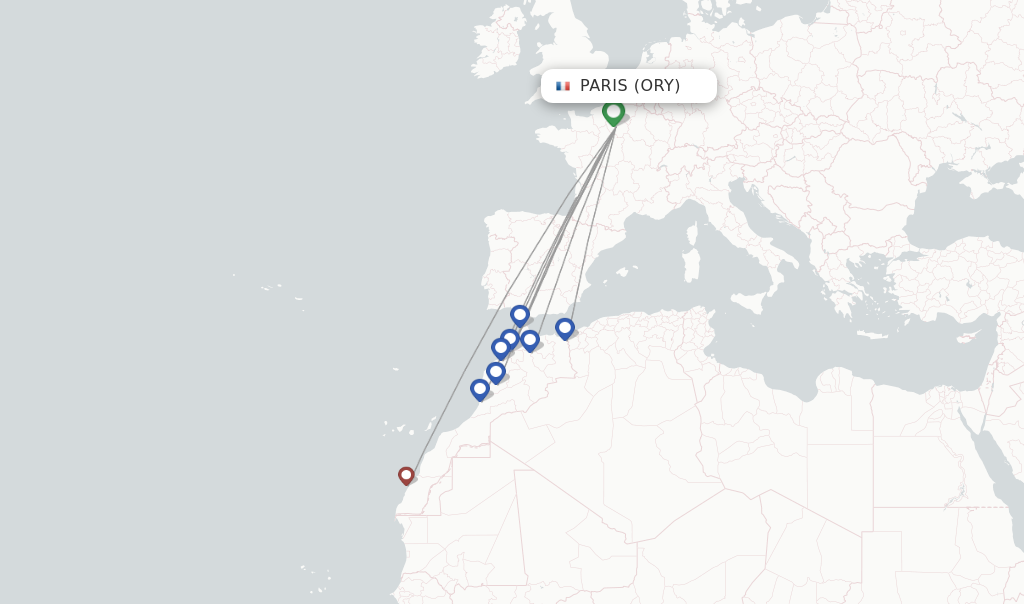 Route map with flights from Paris with Royal Air Maroc