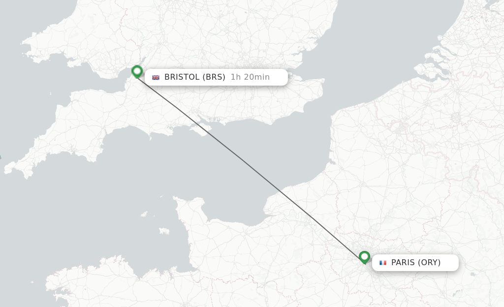 Flights from Paris to Bristol route map