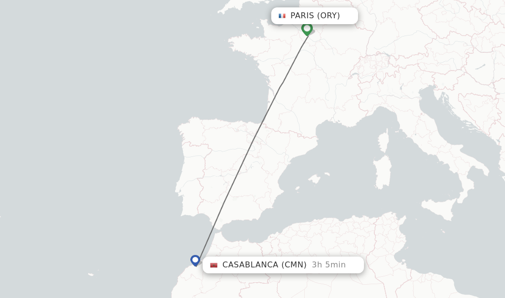 Flights from Paris to Casablanca route map