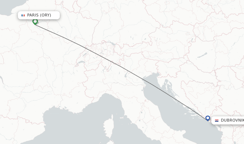 Flights from Paris to Dubrovnik route map