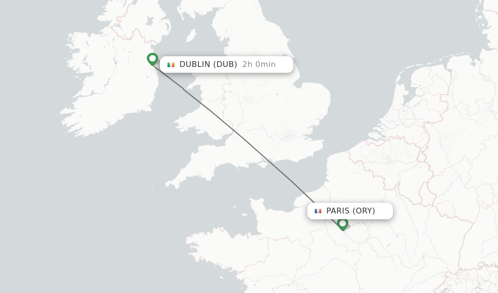 Flights from Paris to Dublin route map