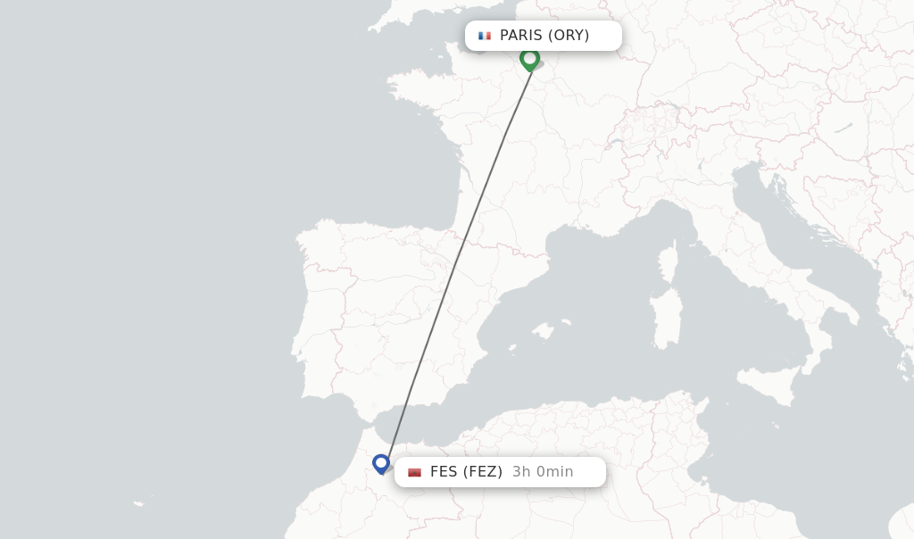 Flights from Paris to Fes route map
