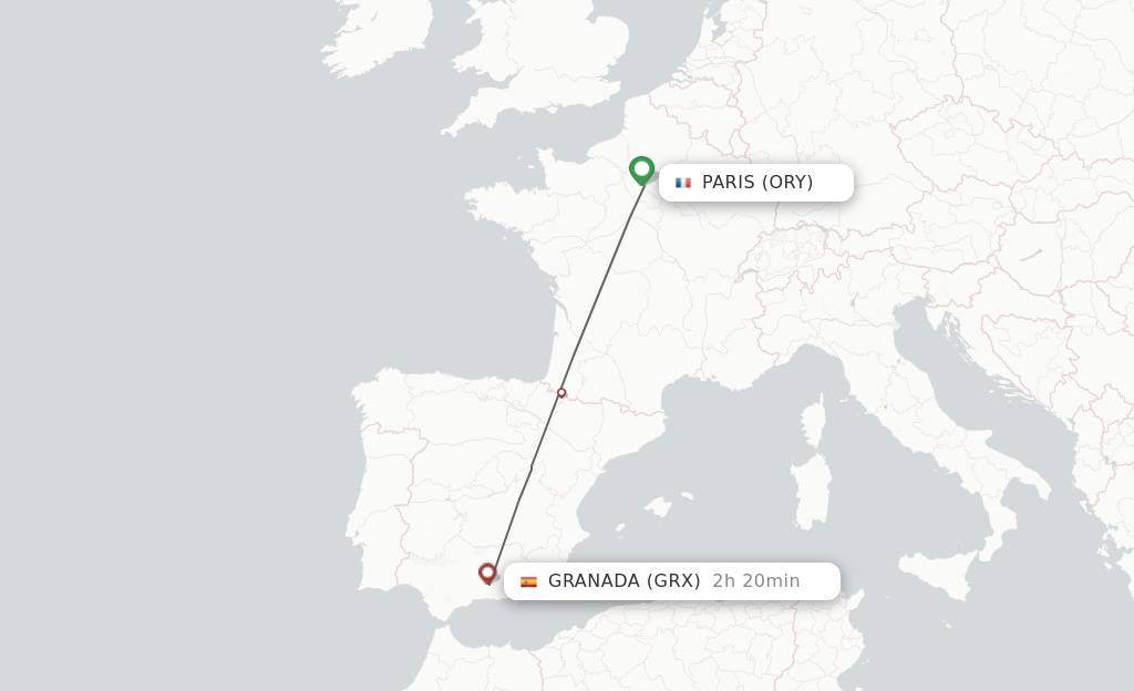 Flights from Paris to Granada route map